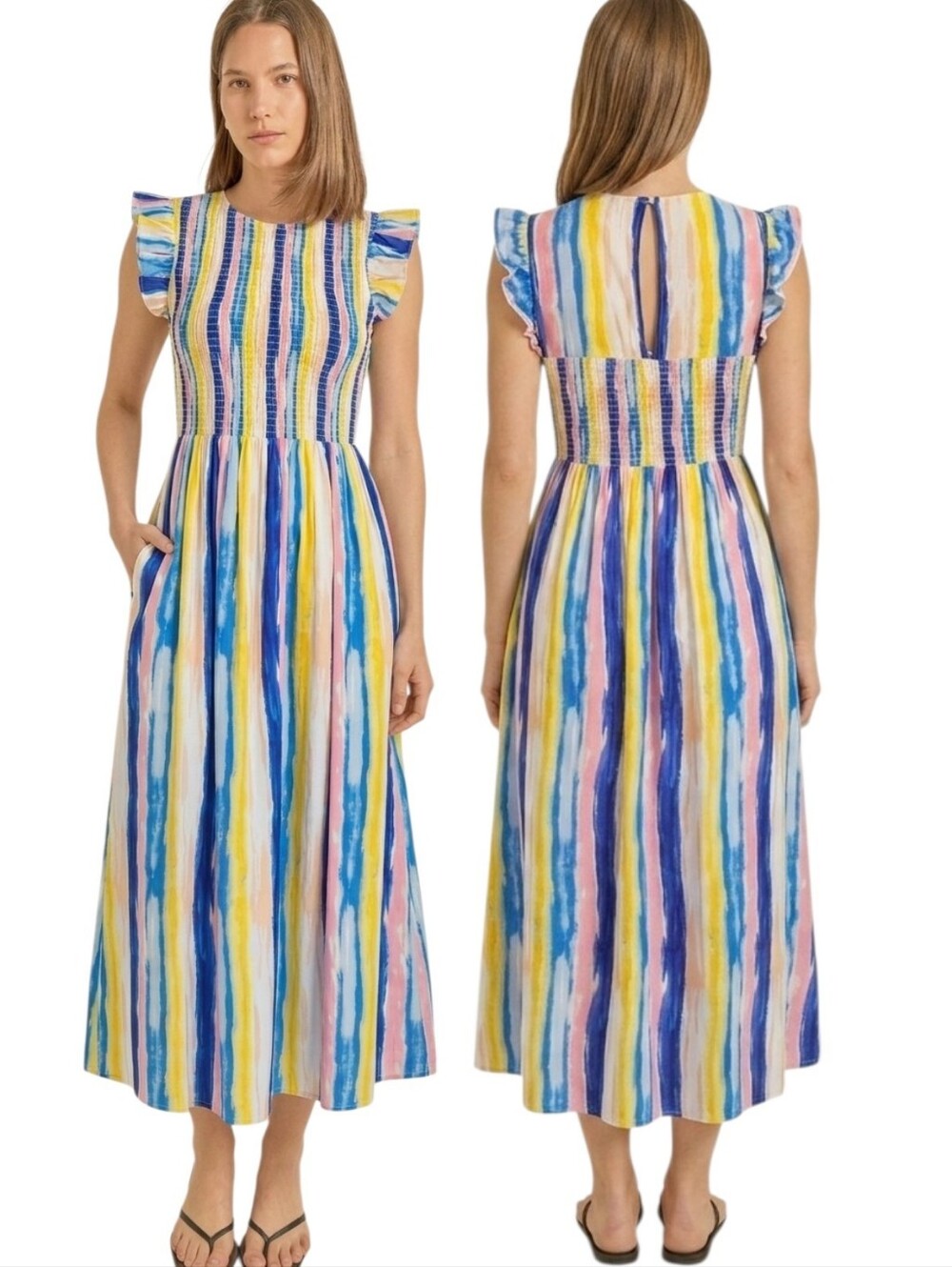 ENGLISH FACTORY Multicolor Striped Smocked Midi Dress - Size S